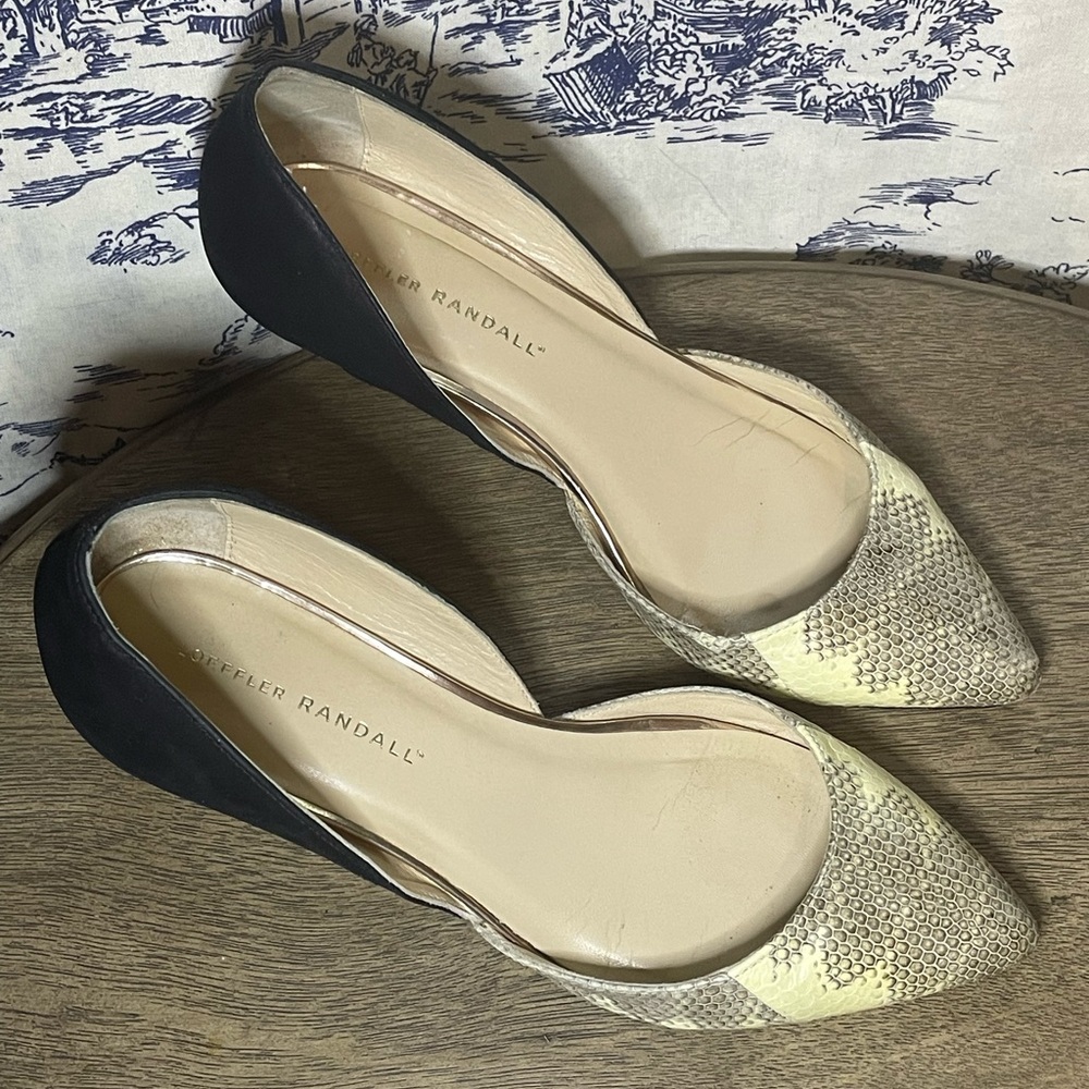 Loeffler Randall Sz 8 Women's Black Suede and Cream Snake Skin Low Heel Shoes